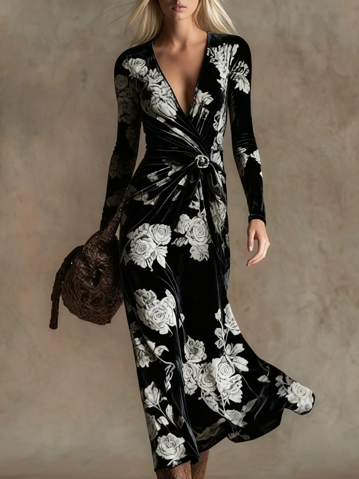 Nova Long-Sleeve V-Neck Maxi Dress