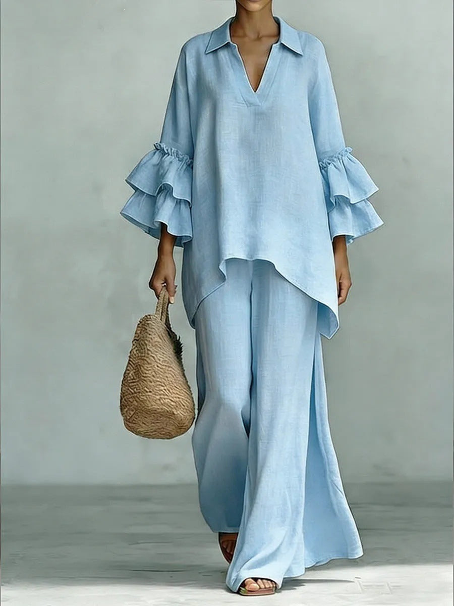 Sera Wide-Leg V-Neck Ruffled Tracksuit