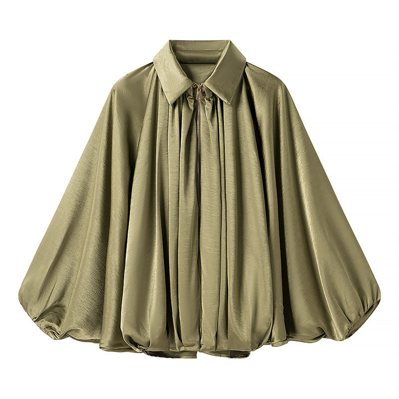 Halo Satin Bomber Jacket in Olive Green