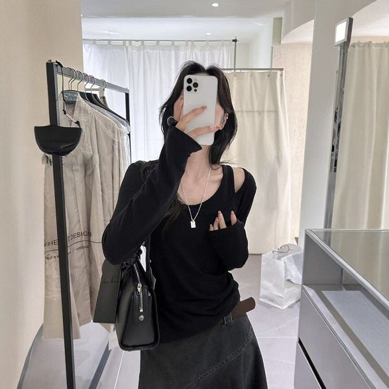 LayerLine Long-Sleeve Faux-Layered Top in Black