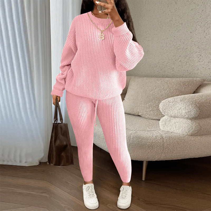 Ribbed knit pullover and trousers set in light pink