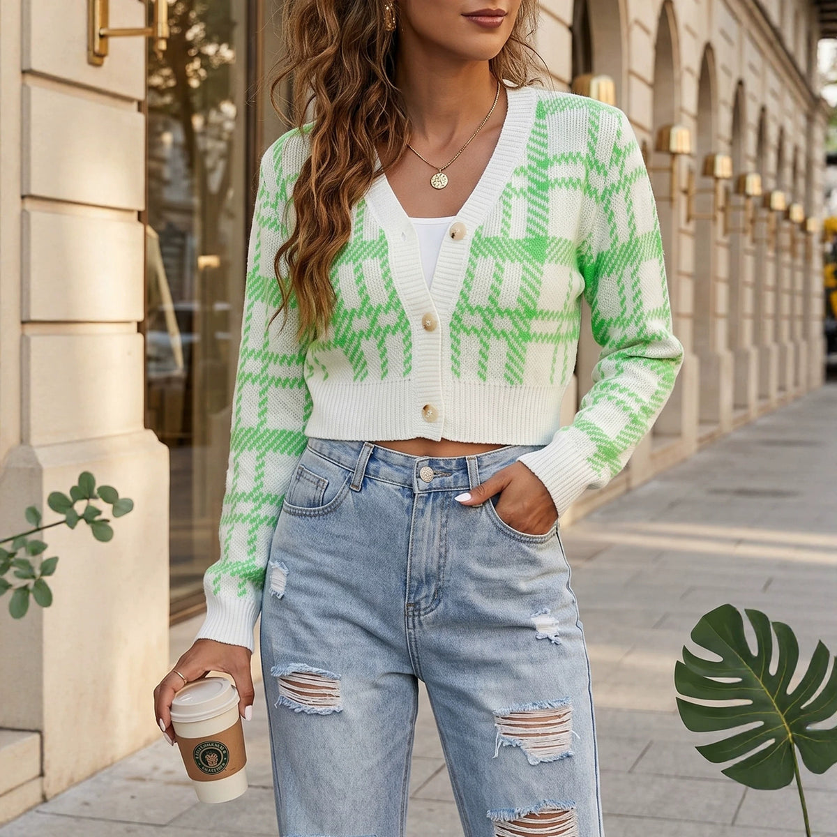 Hearth Checked Knit Cardigan in Green