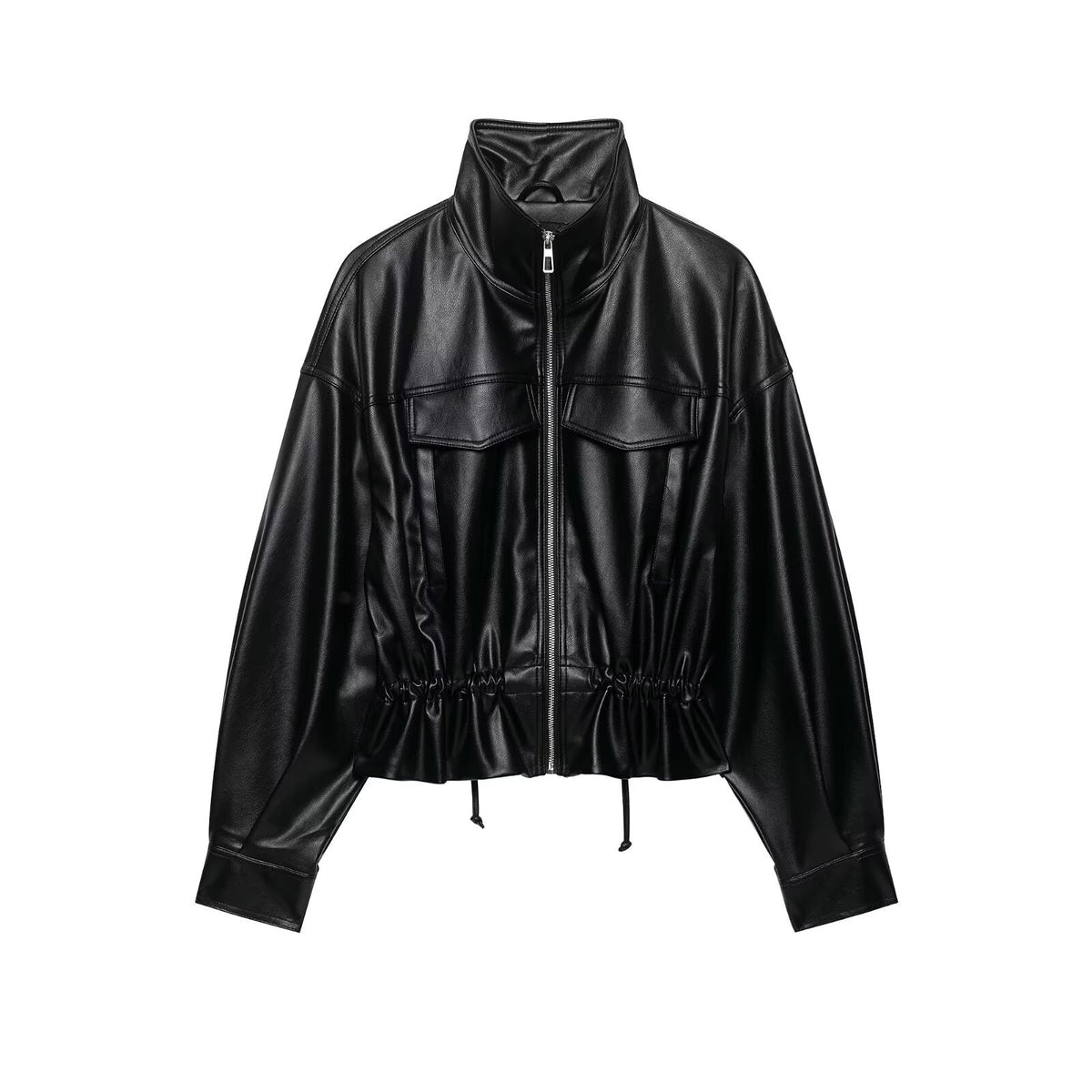Halo Stand-Collar Cinch-Waist Jacket in Black