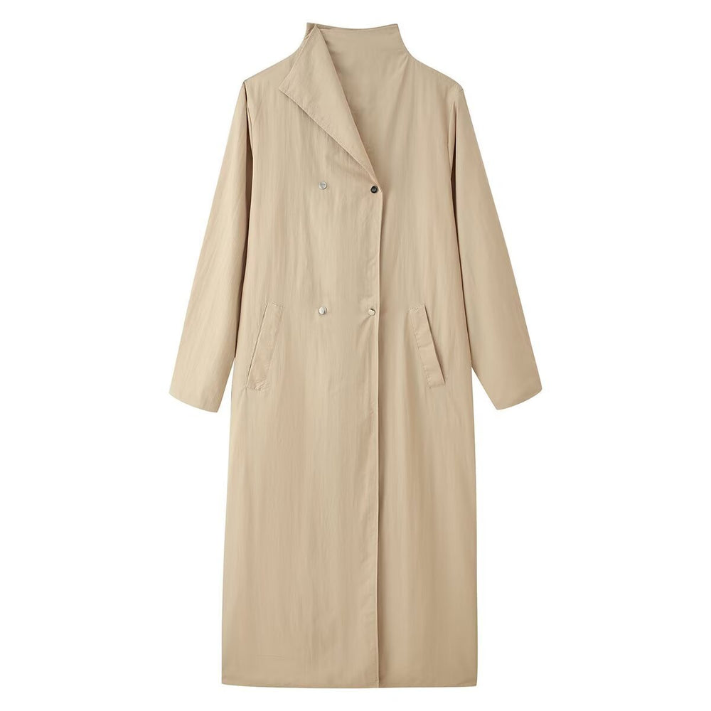 Lumen Double-Breasted Long Trench Coat in Khaki