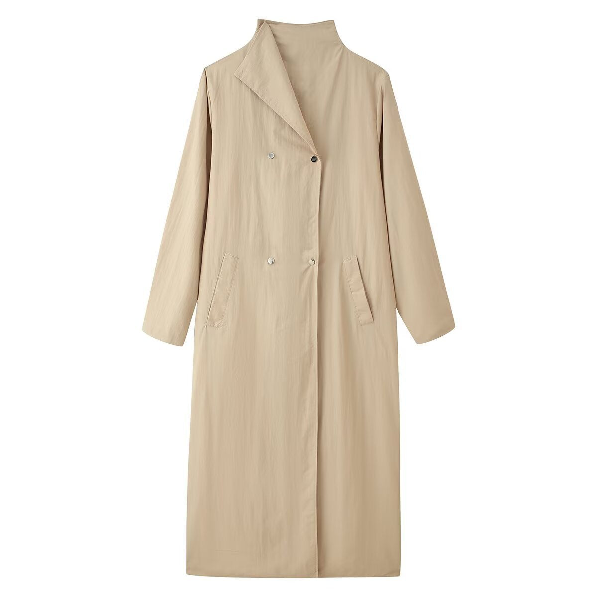 Lumen Double-Breasted Long Trench Coat in Khaki