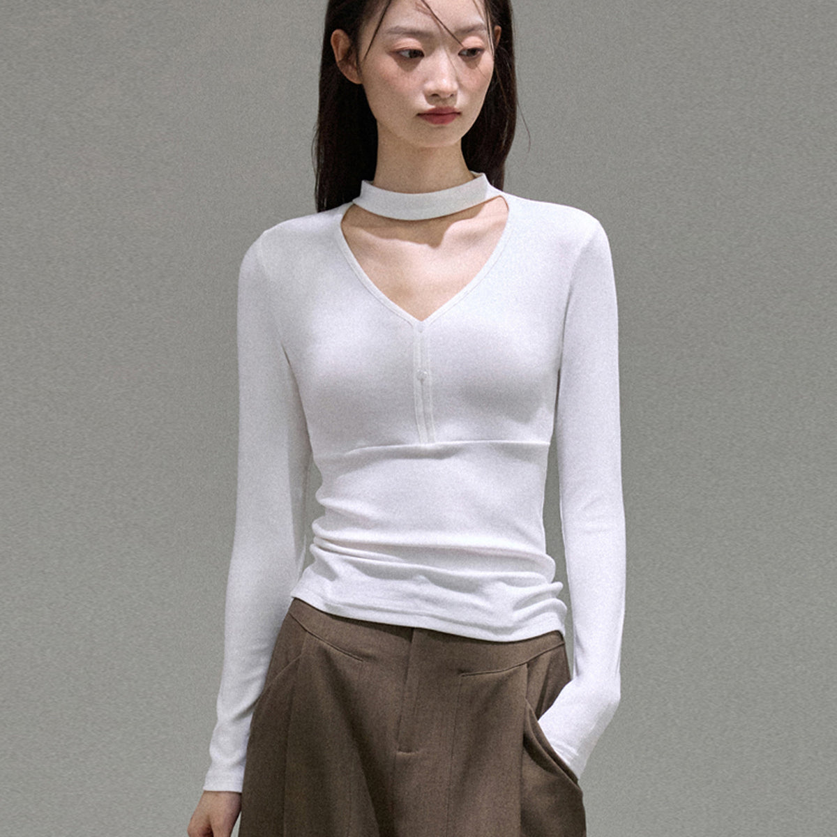 Aurelia Long-Sleeve V-Neck Halter Top, view 3
