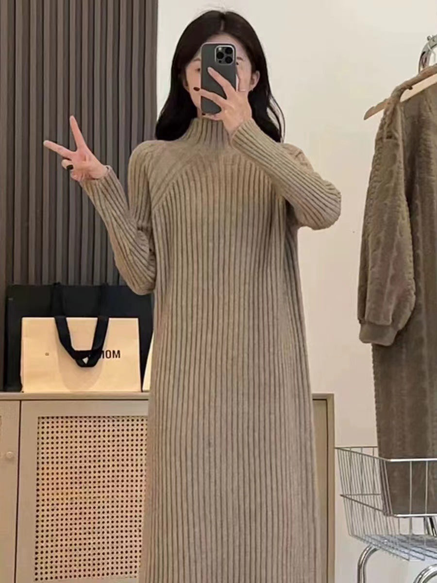 Nova Mock-Neck Knit Midi Dress in Camel