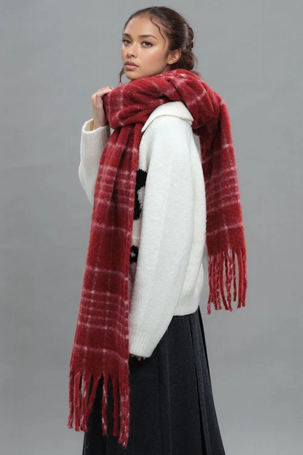 Ember Wool Plaid Fringe Scarf in Deep Red