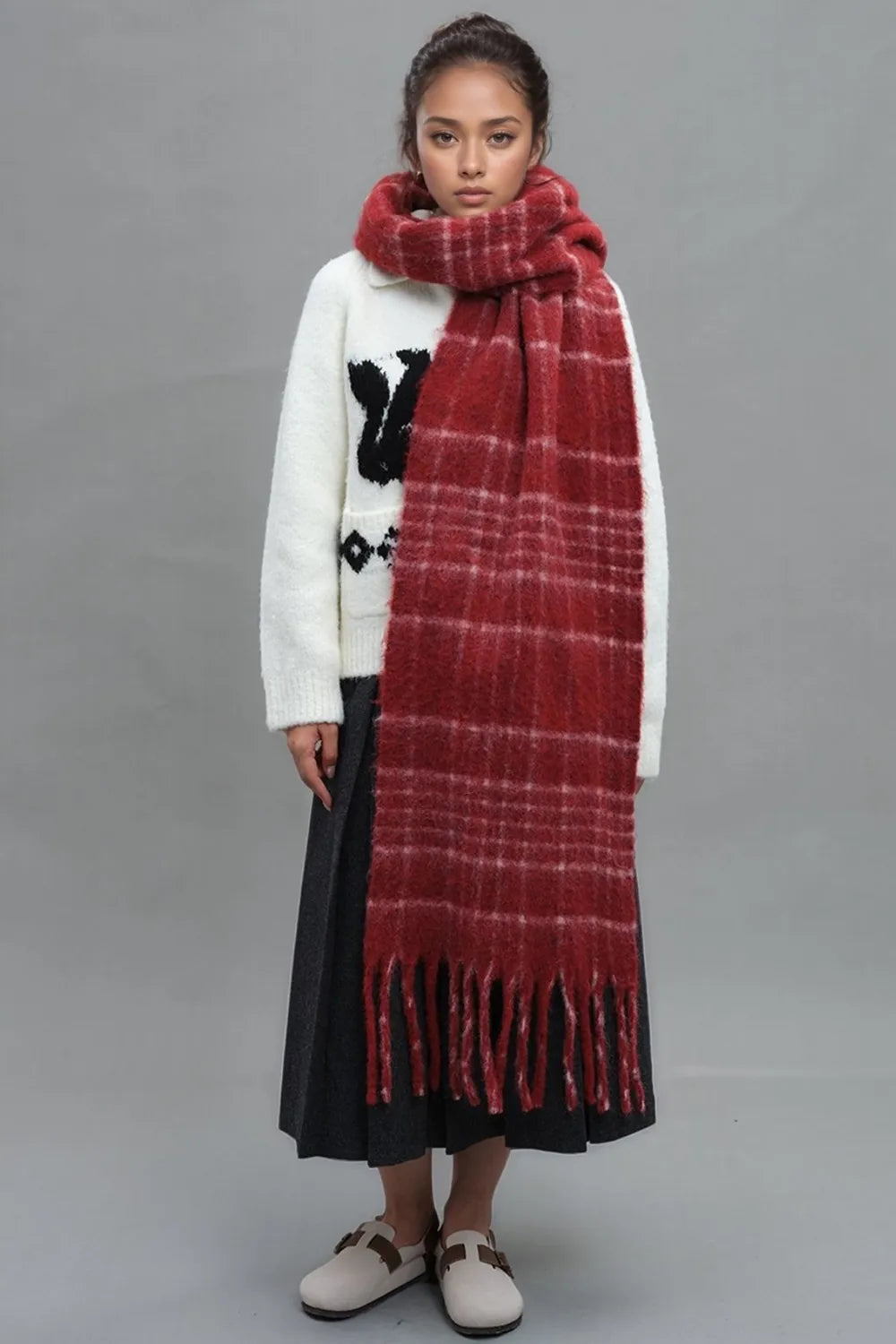 Ember Wool Plaid Fringe Scarf, view 3
