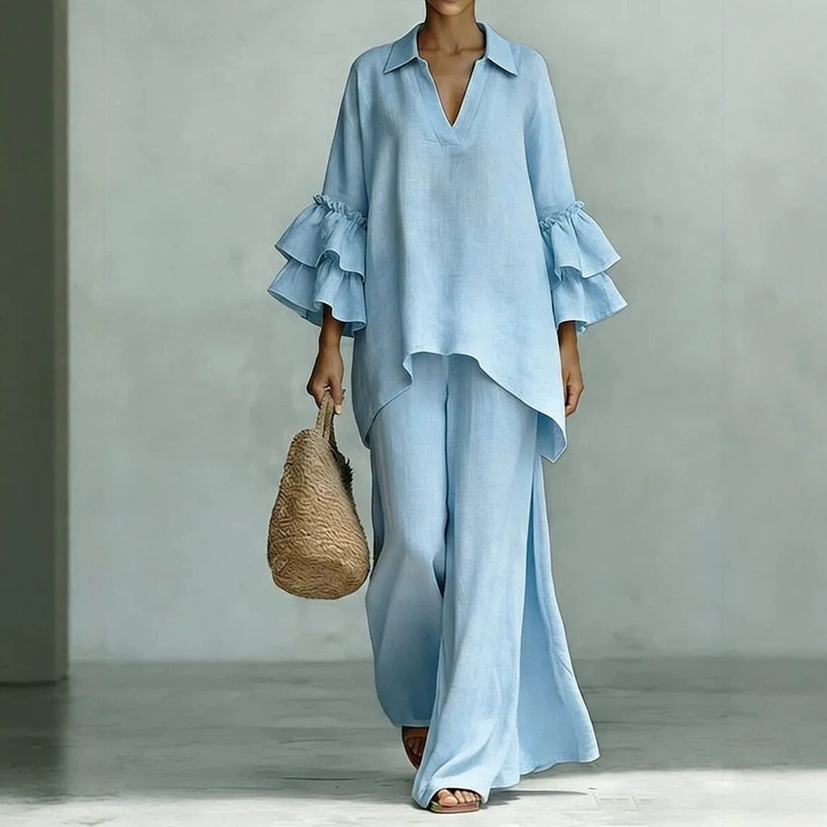 Sera Wide-Leg V-Neck Ruffled Tracksuit