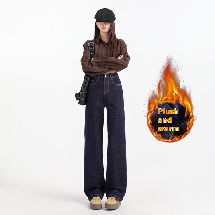 Indigo Fleece-Lined Thick Straight Jeans