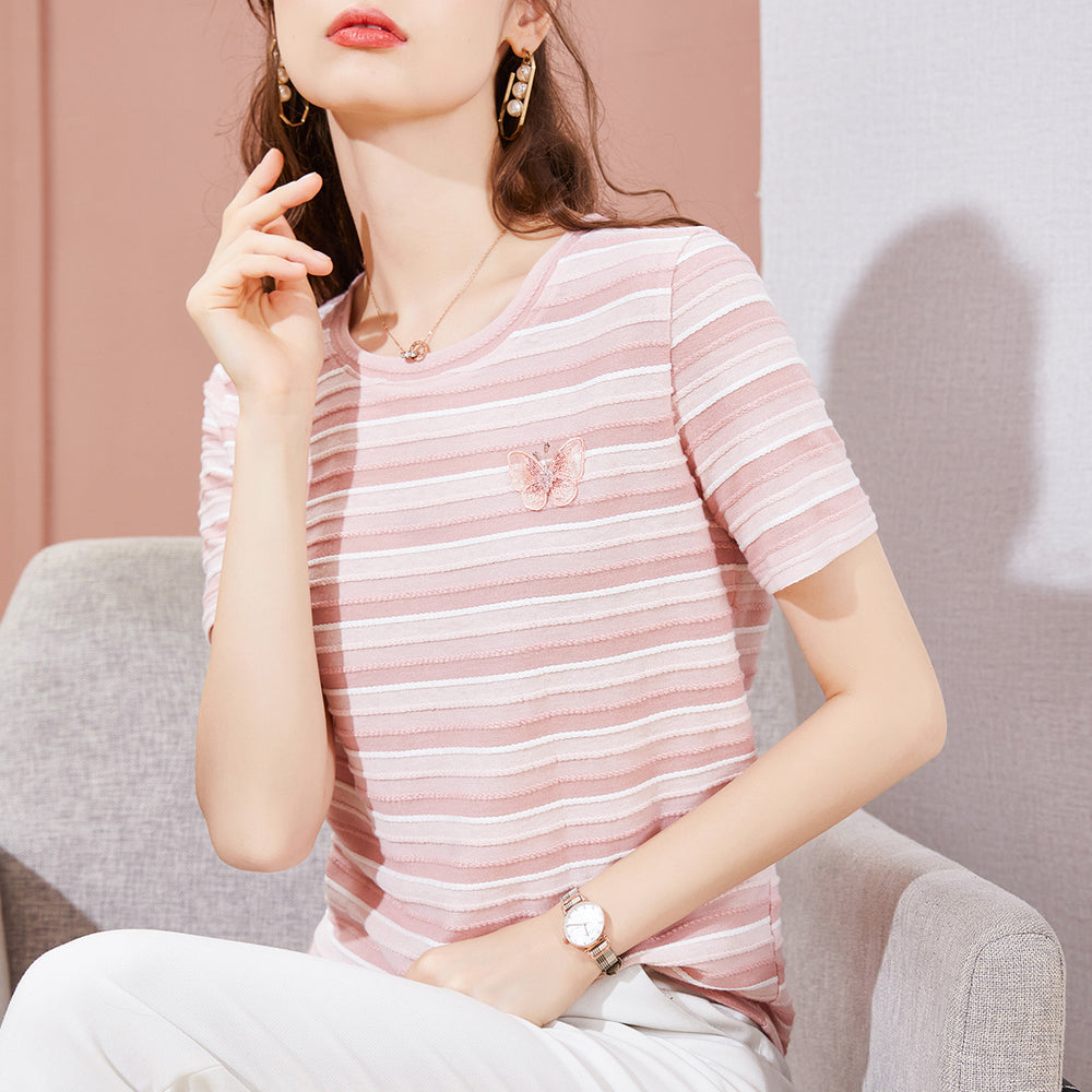 Aurelia Short-Sleeve Striped Embroidered T-Shirt