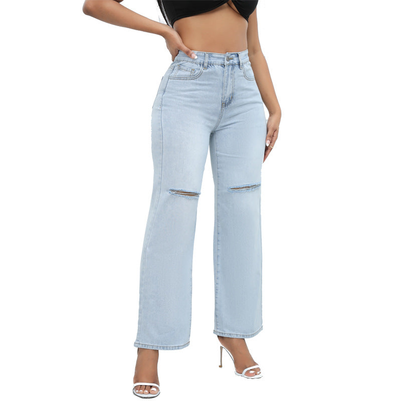 Indigo Ripped Wide-Leg Jeans