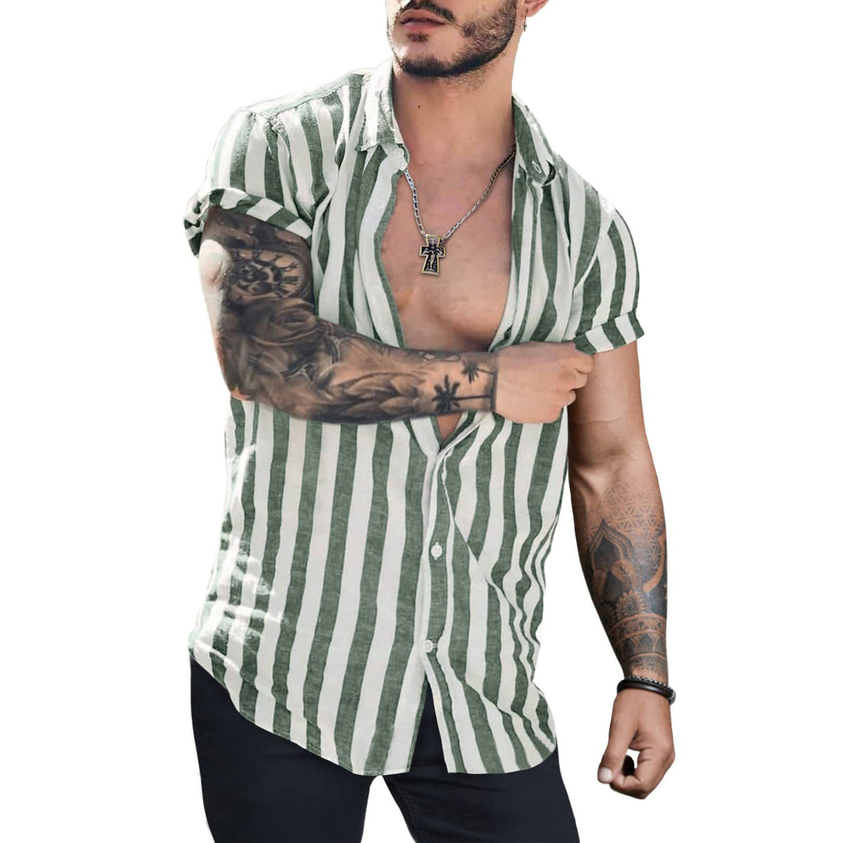 Metro Men's Linen Lapel Striped Cardigan
