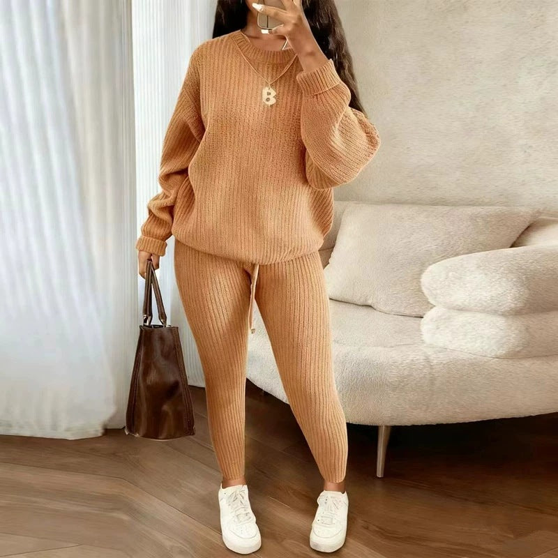 Ribbed knit pullover and trousers set in camel