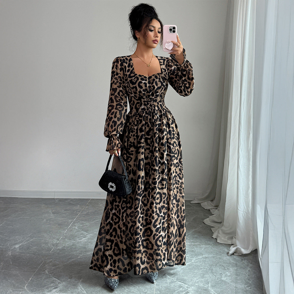 Nova Long-Sleeve Leopard Printed Maxi Dress