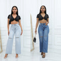 Indigo Ripped Wide-Leg Jeans