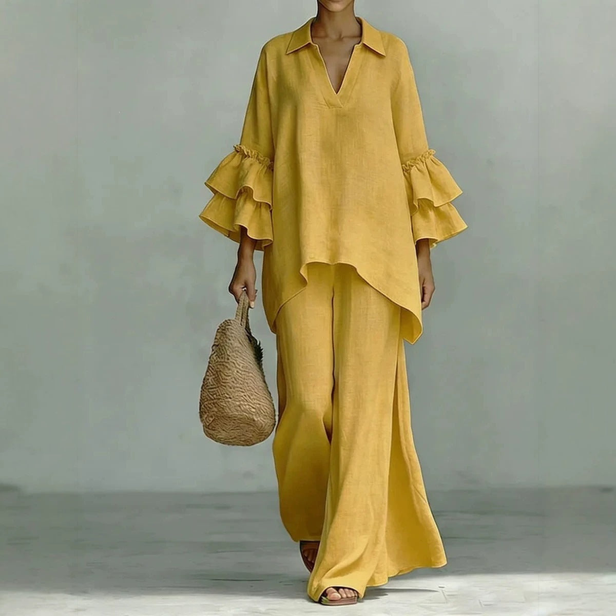 Sera Wide-Leg V-Neck Ruffled Tracksuit