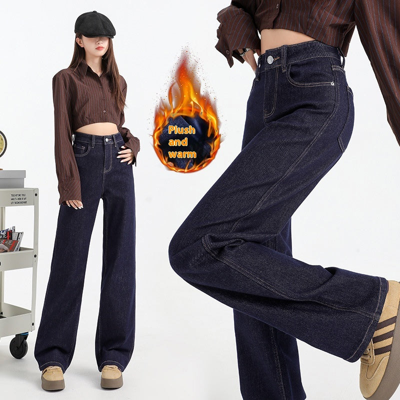 Indigo Fleece-Lined Thick Straight Jeans