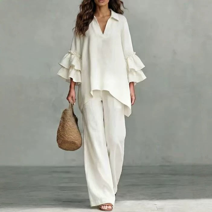 Sera Wide-Leg V-Neck Ruffled Tracksuit