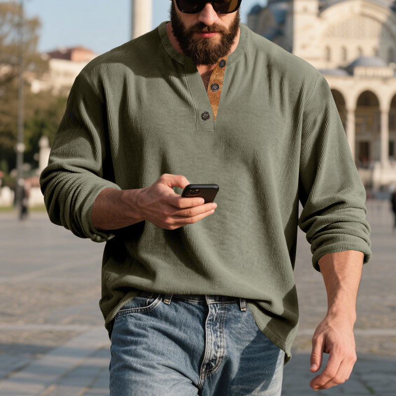 Metro Men's Corduroy Long-Sleeve Retro Henley Shirt