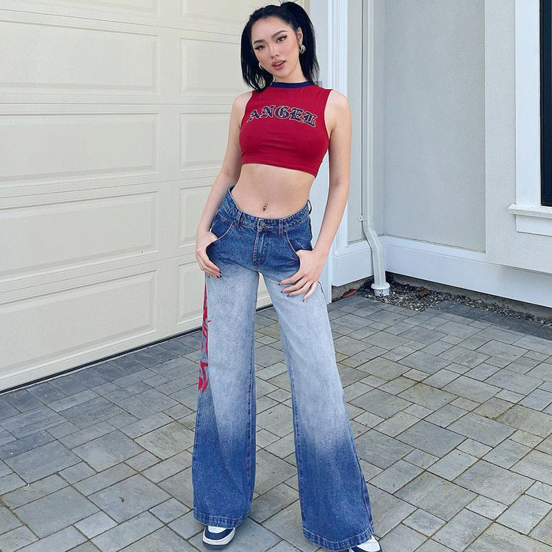 Indigo Straight Printed Washed Jeans