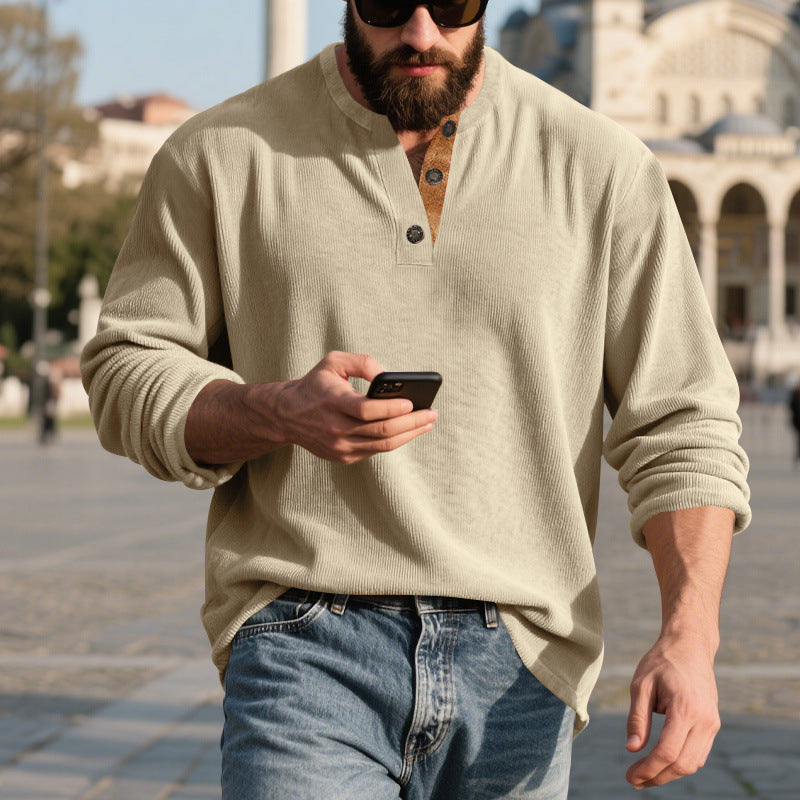 Metro Men's Corduroy Long-Sleeve Retro Henley Shirt