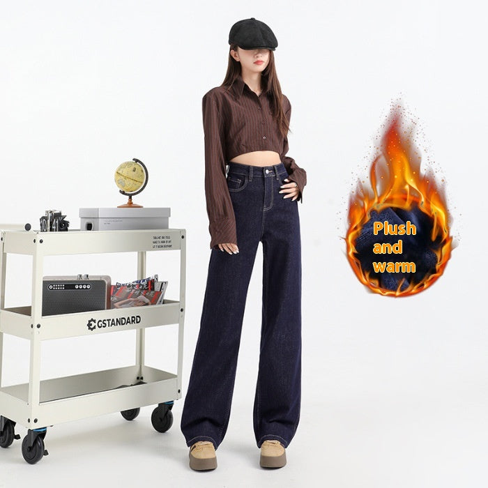 Indigo Fleece-Lined Thick Straight Jeans
