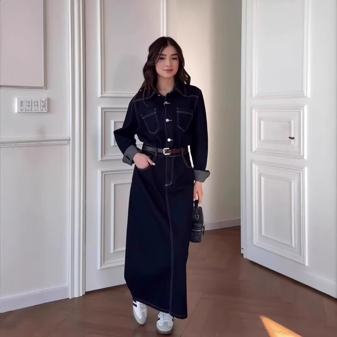 Nova Denim Long-Sleeve Retro Maxi Dress