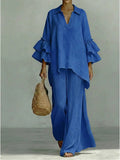 Sera Wide-Leg V-Neck Ruffled Tracksuit