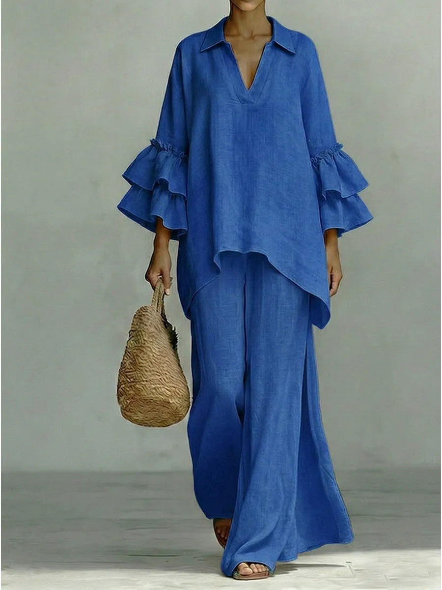 Sera Wide-Leg V-Neck Ruffled Tracksuit