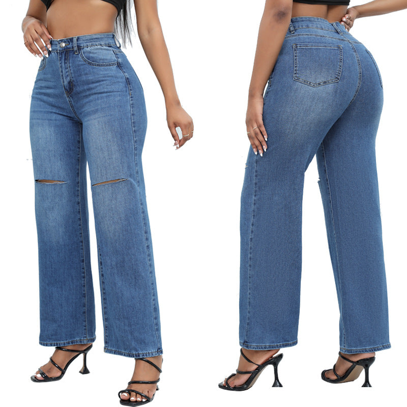 Indigo Ripped Wide-Leg Jeans