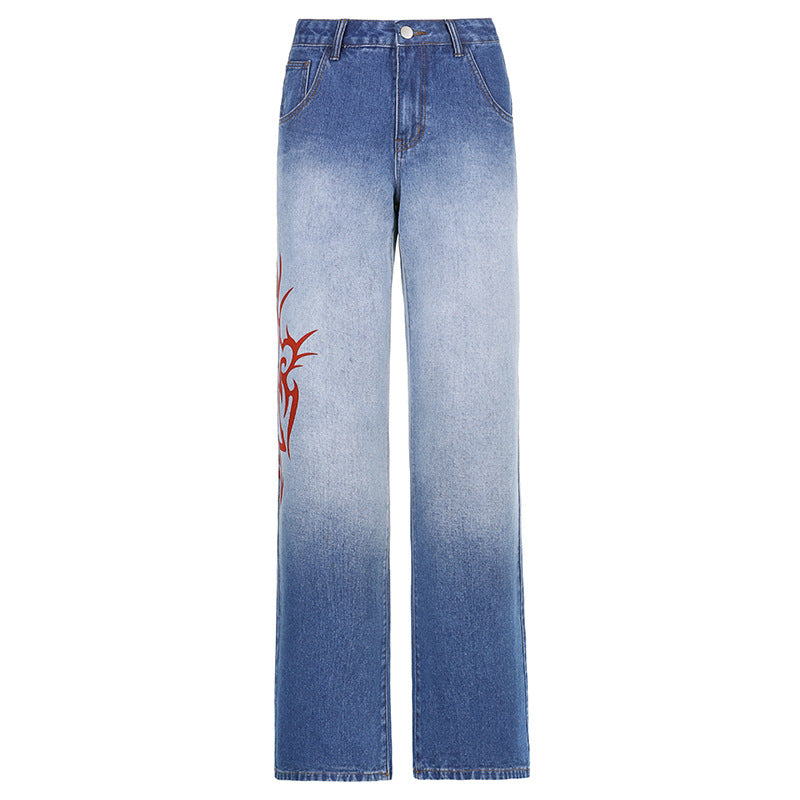 Indigo Straight Printed Washed Jeans