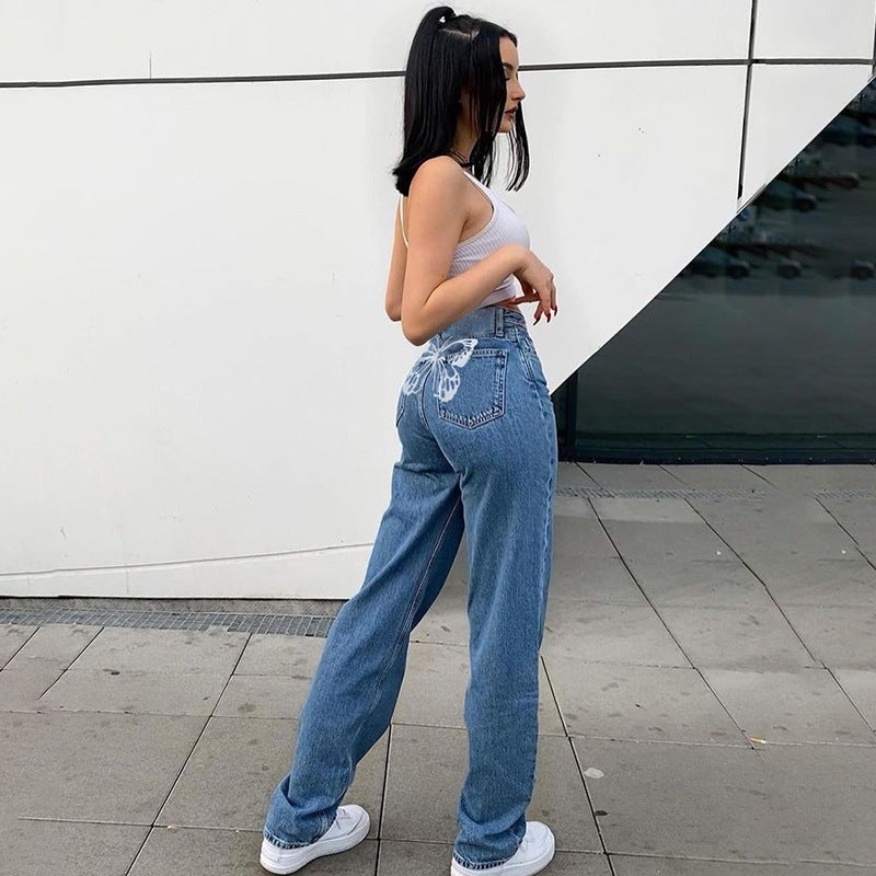 Indigo Straight Printed Washed Jeans