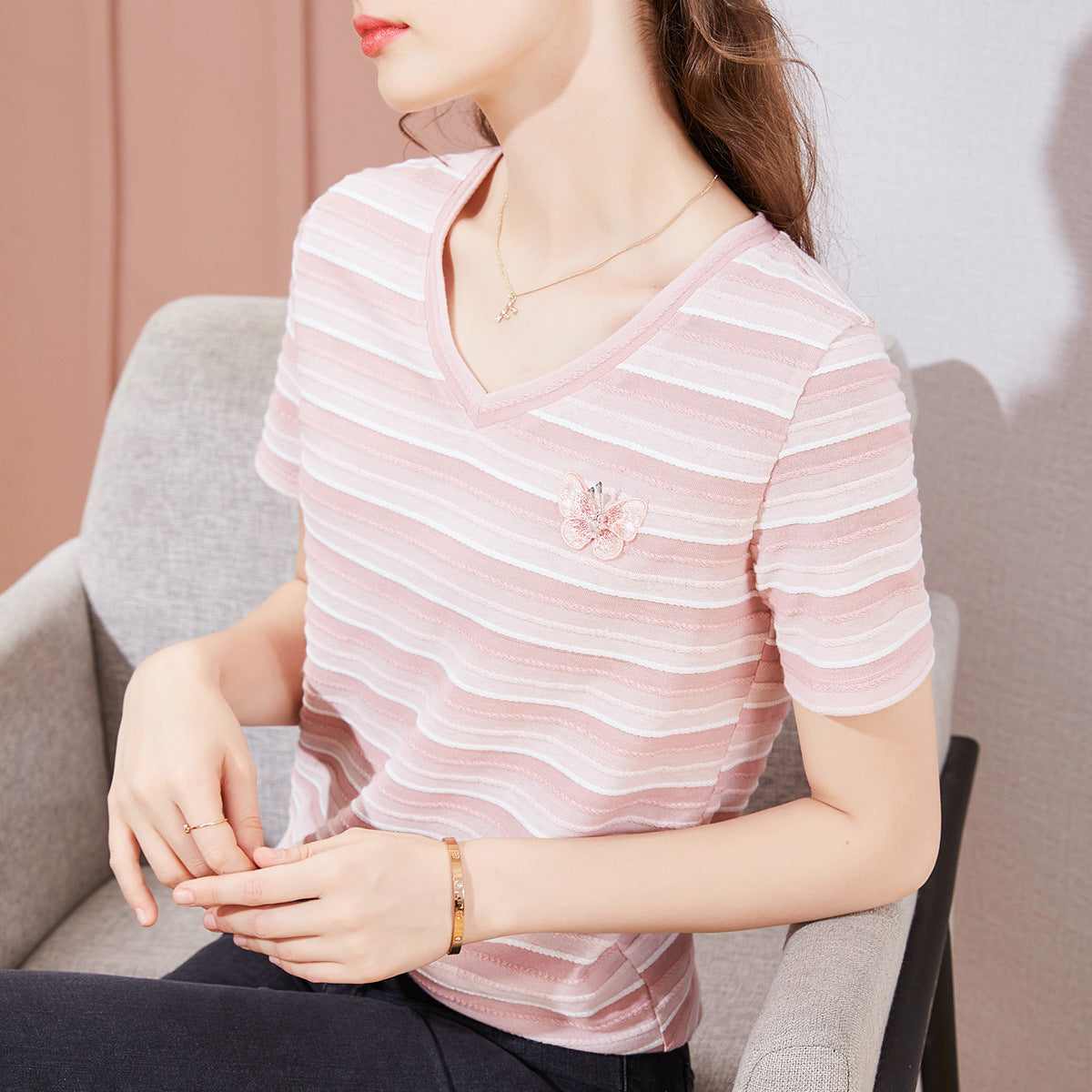 Aurelia Short-Sleeve Striped Embroidered T-Shirt