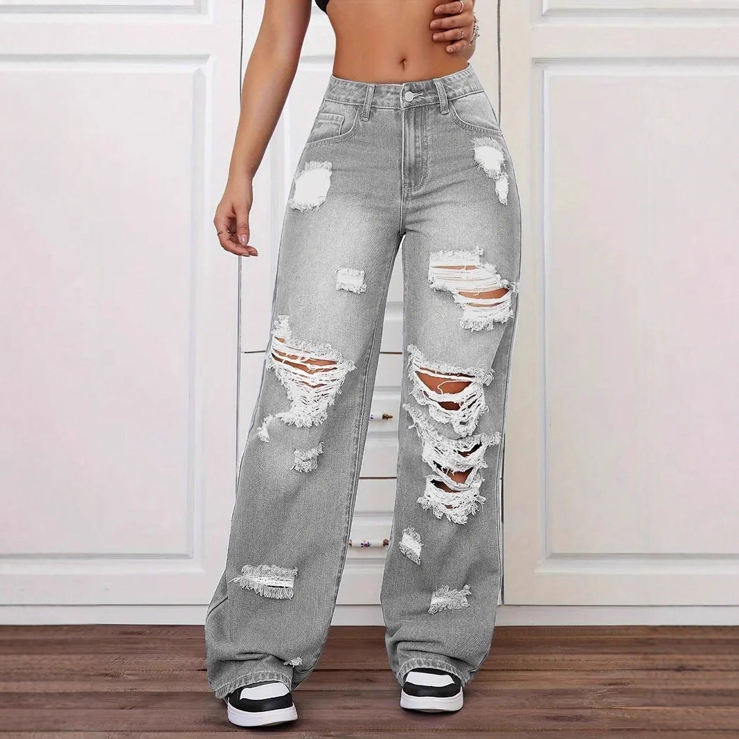 Indigo Ripped Washed Straight Jeans