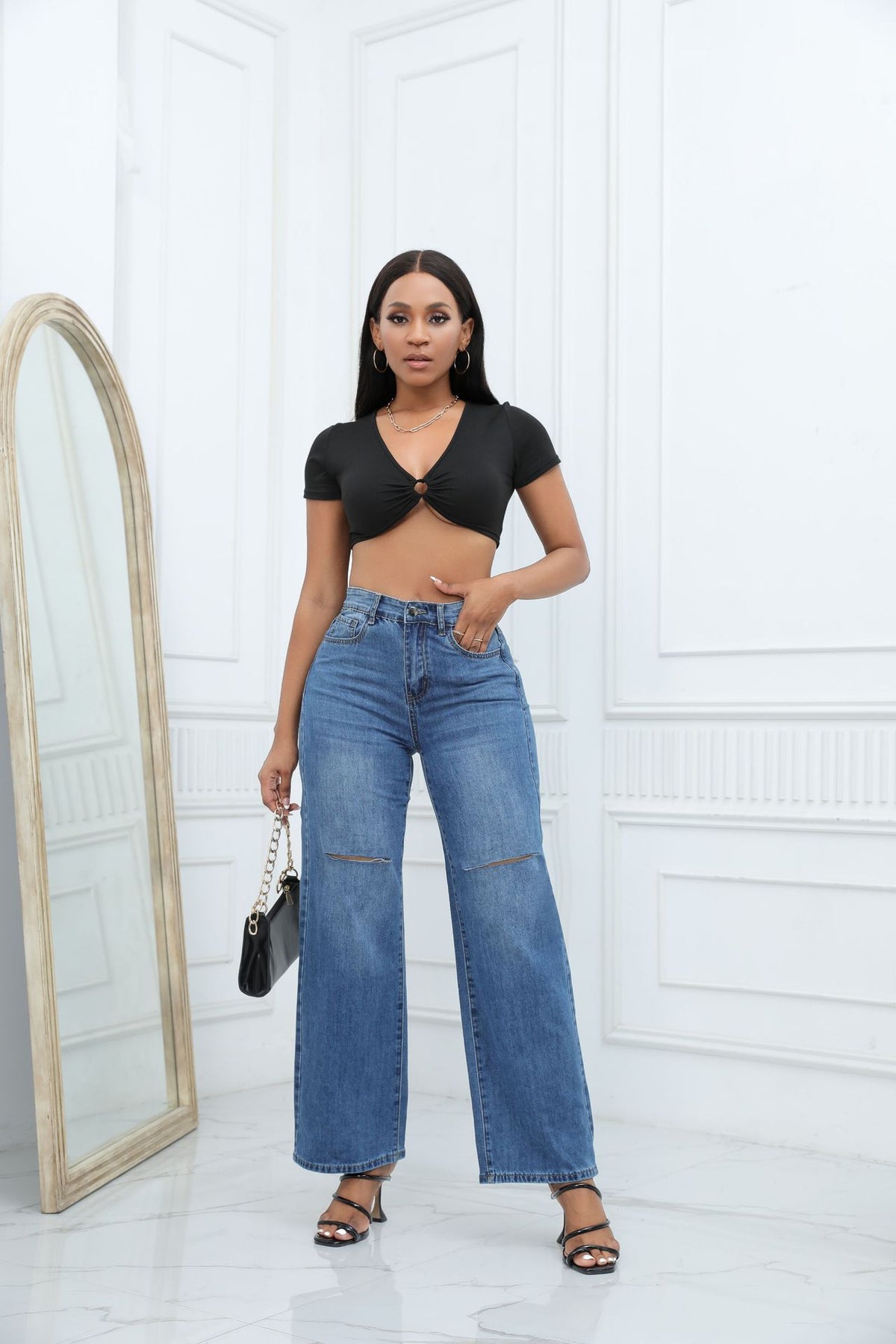 Indigo Ripped Wide-Leg Jeans