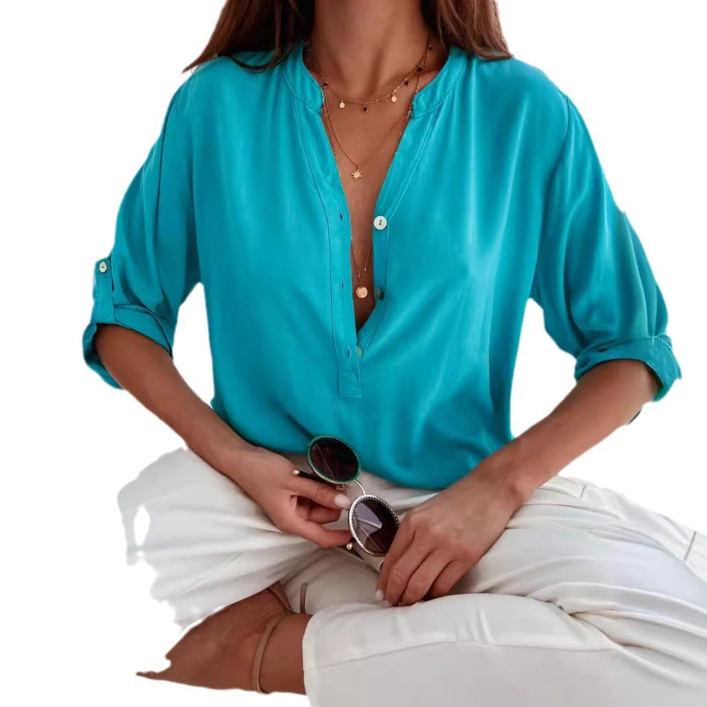 Aurelia Relaxed Stand-Collar Button Shirt